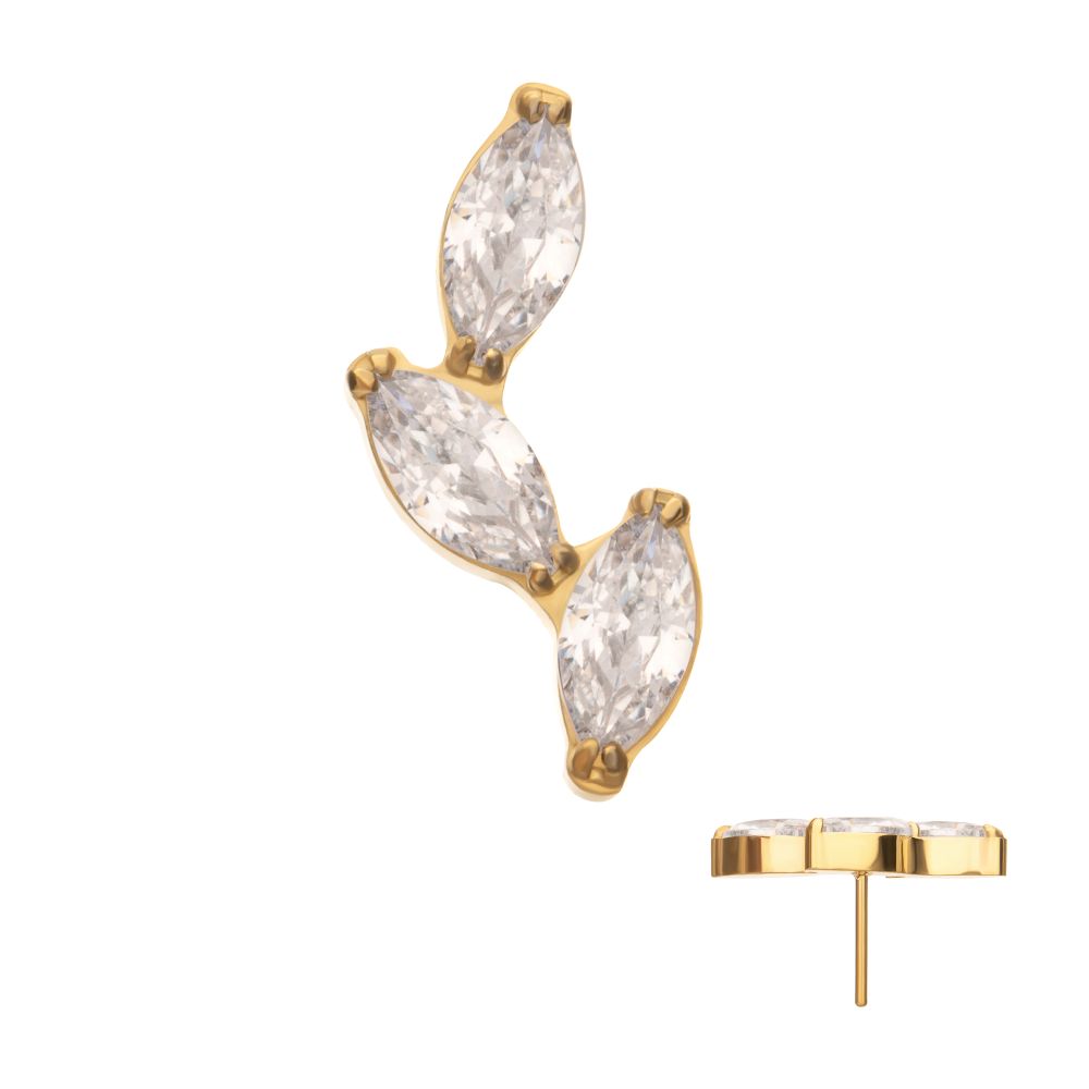 24Kt Gold PVD Titanium Threadless Vine Shape Top with 3-Tier Full Clear CZ Gem Marquise