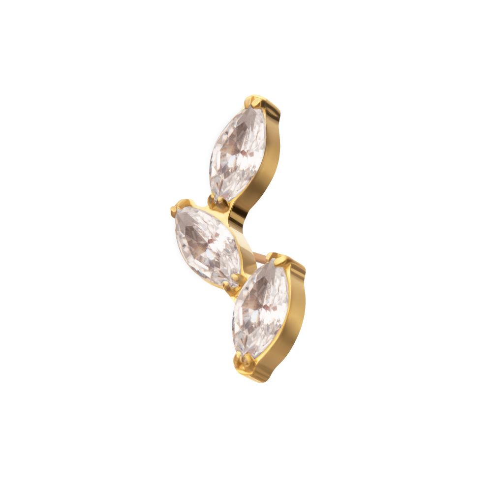 24Kt Gold PVD Titanium Threadless Vine Shape Top with 3-Tier Full Clear CZ Gem Marquise