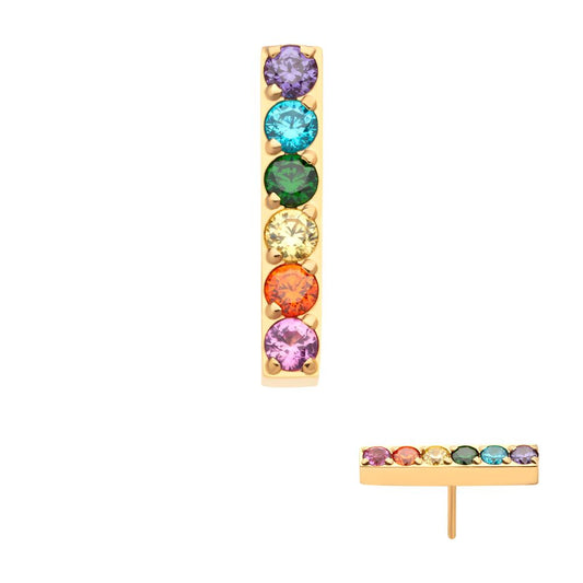 24Kt Gold PVD Titanium Threadless Prong Set Rainbow CZ 6-Cluster Bar Top