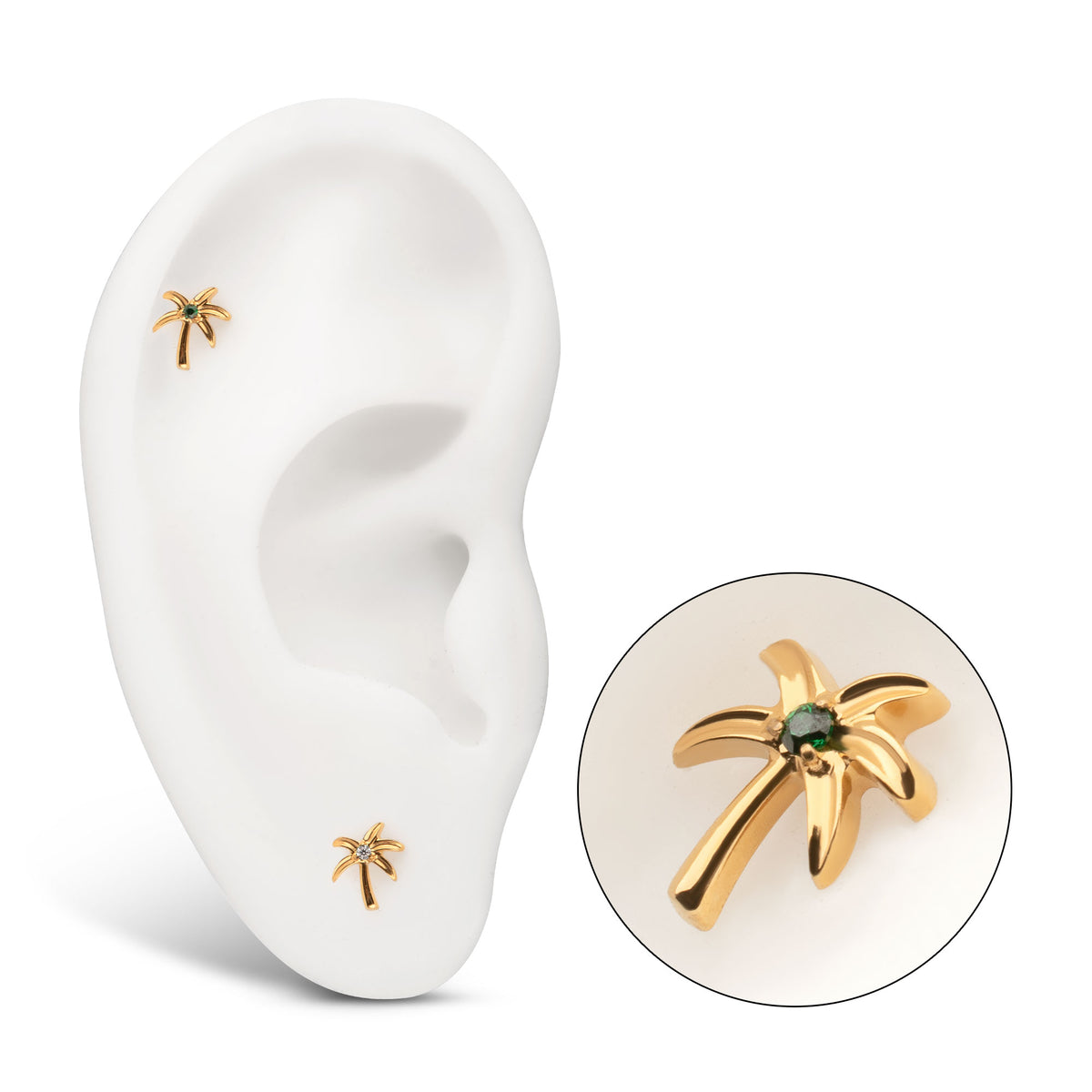 24Kt Gold PVD Titanium Threadless Low Profile 3D Palm Tree Top With Prong Set Gem