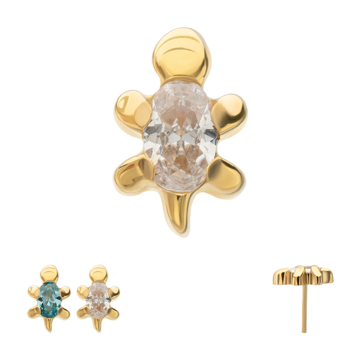 24Kt Gold PVD Titanium Threadless Low Profile 3D Sea Turtle Top with Prong Set Oval Gem
