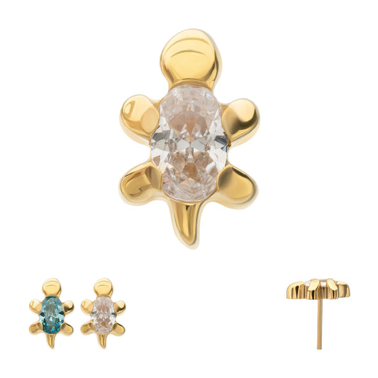 24Kt Gold PVD Titanium Threadless Low Profile 3D Sea Turtle Top with Prong Set Oval Gem
