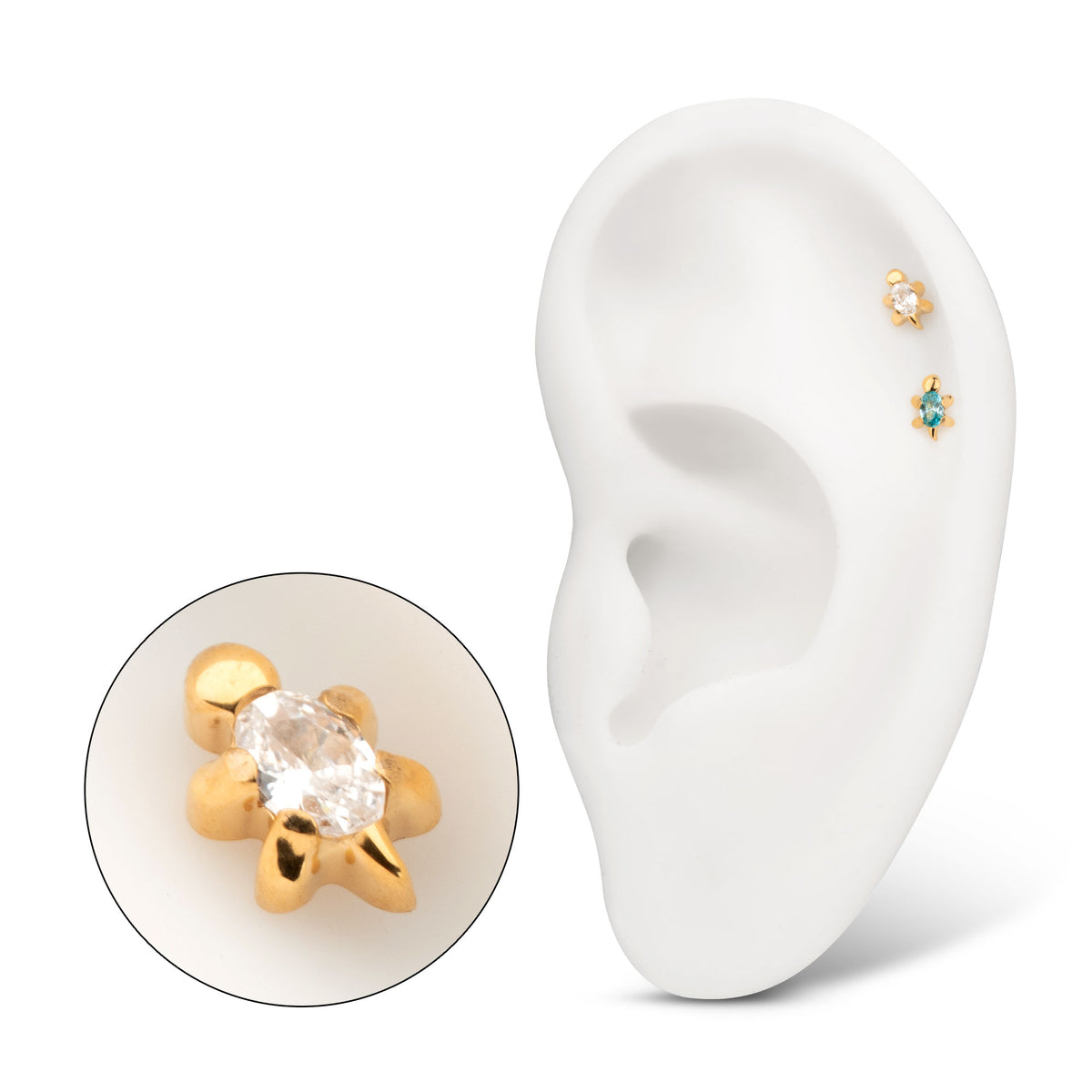 24Kt Gold PVD Titanium Threadless Low Profile 3D Sea Turtle Top with Prong Set Oval Gem
