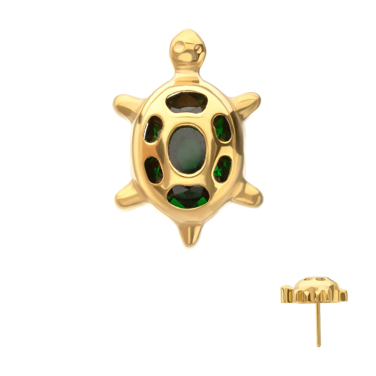 24Kt Gold PVD Titanium Threadless Low Profile Cut Out Back Land Turtle Top with Emerald CZ Gem