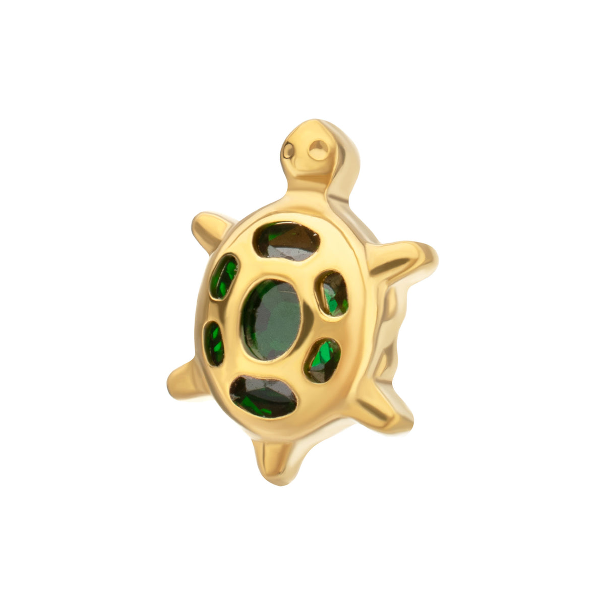 24Kt Gold PVD Titanium Threadless Low Profile Cut Out Back Land Turtle Top with Emerald CZ Gem