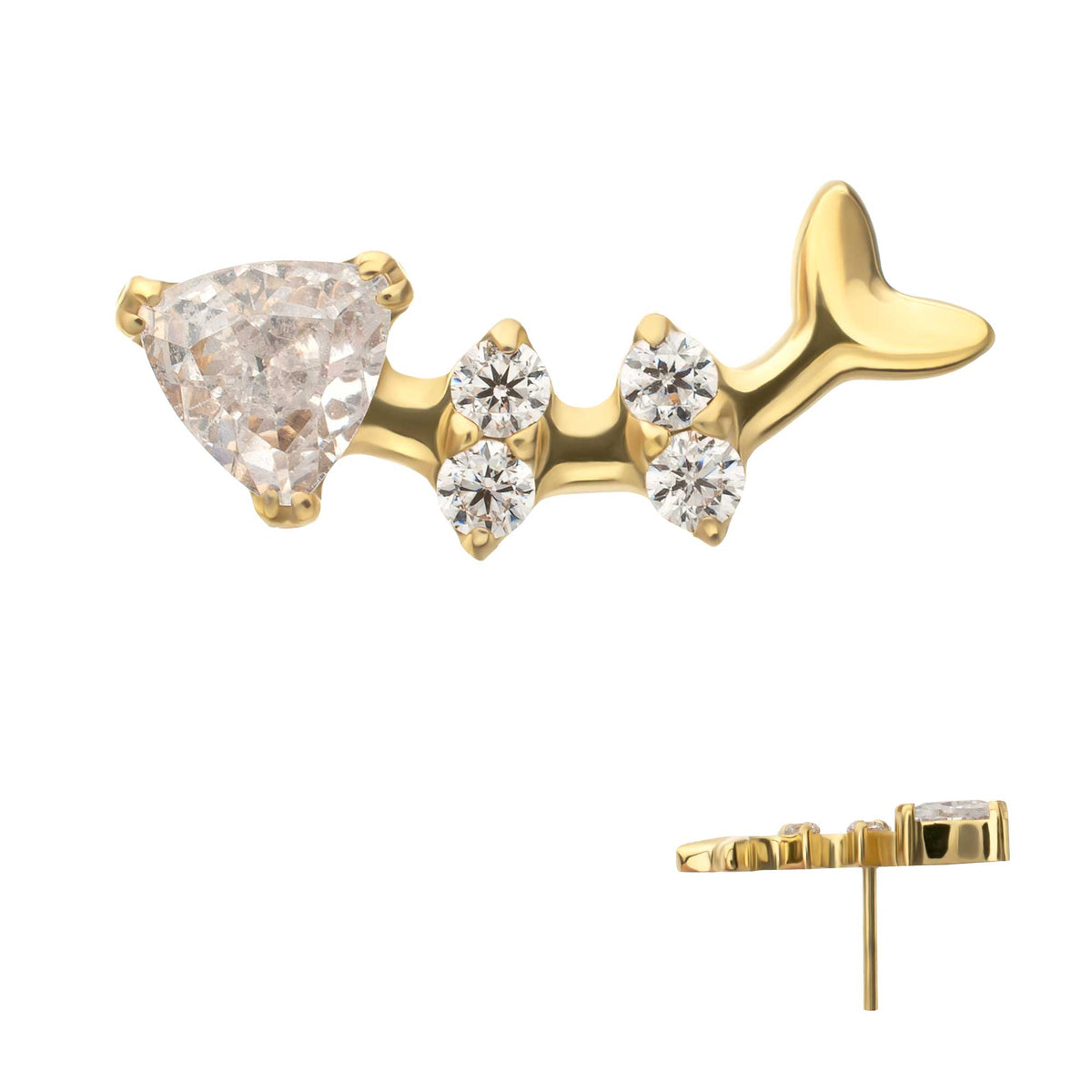 24Kt Gold PVD Titanium Threadless Low Profile Fishbone Top with Prong Set Gem