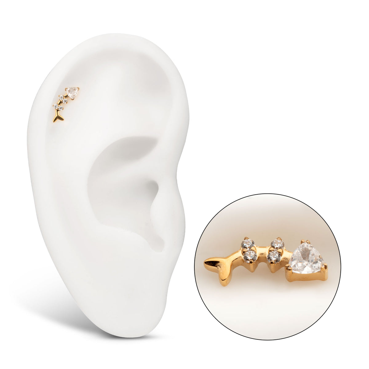 24Kt Gold PVD Titanium Threadless Low Profile Fishbone Top with Prong Set Gem
