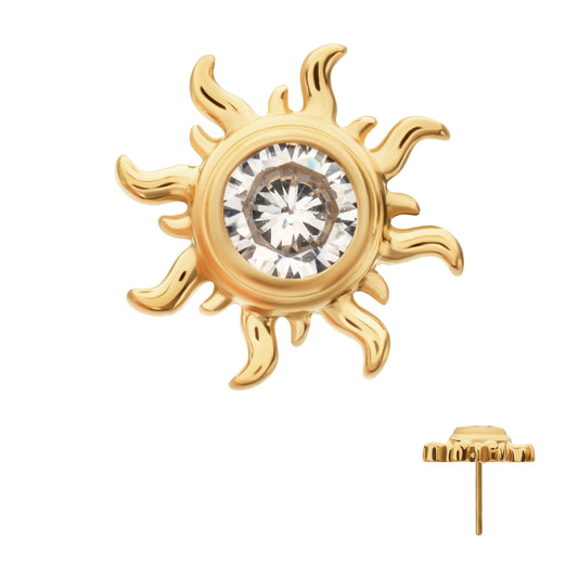 24Kt Gold PVD Titanium Threadless Sunburst Top with Bezel Gem