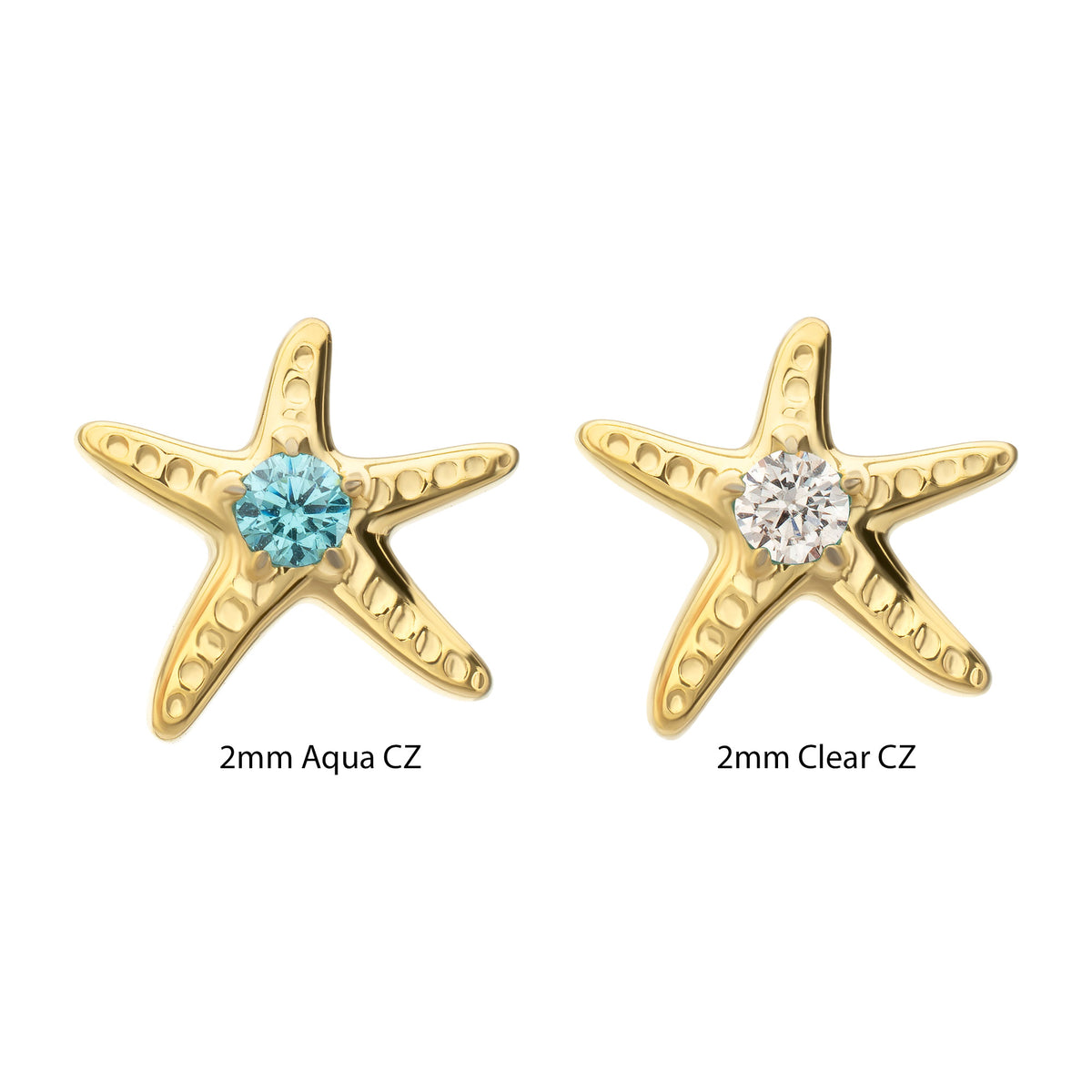 24Kt Gold PVD Titanium Threadless Low Profile 3D Starfish Top with Prong Set Gem