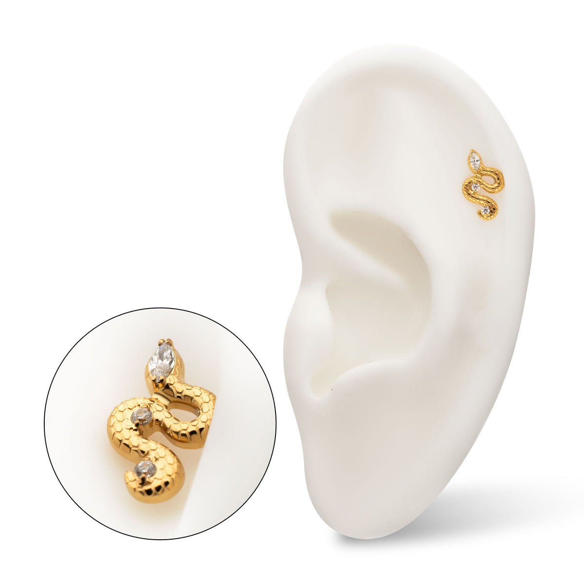 24kt Gold PVD Titanium Threadless Textured Snake Gem Top