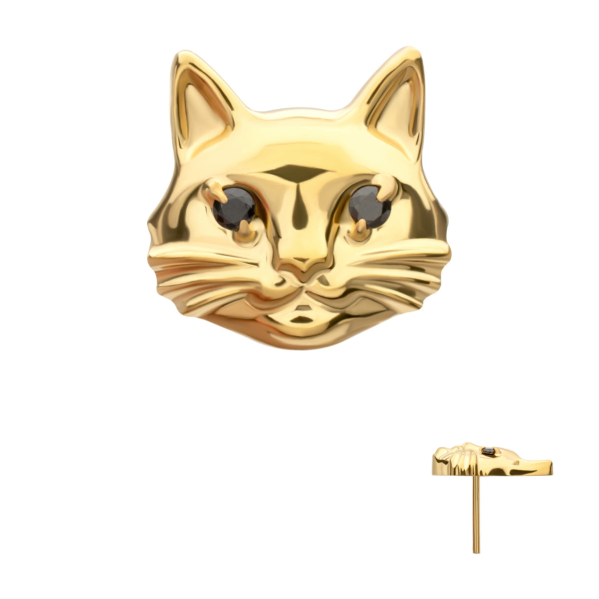 24kt Gold PVD Titanium Threadless Midnight Cat Top with Prong Set Black Gem Eyes