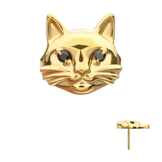 24kt Gold PVD Titanium Threadless Midnight Cat Top with Prong Set Black Gem Eyes