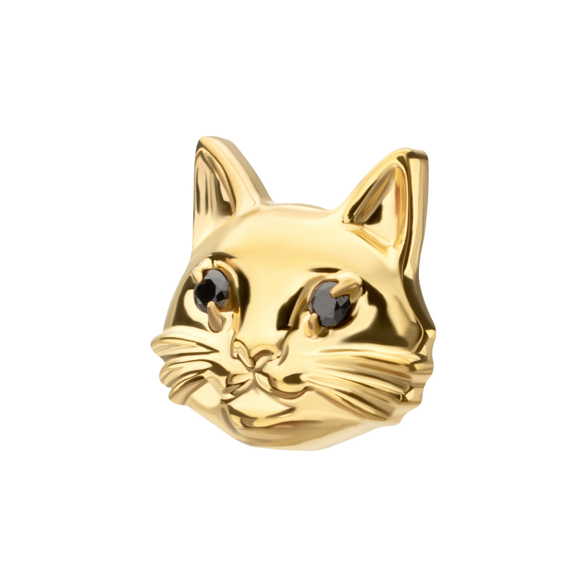 24kt Gold PVD Titanium Threadless Midnight Cat Top with Prong Set Black Gem Eyes
