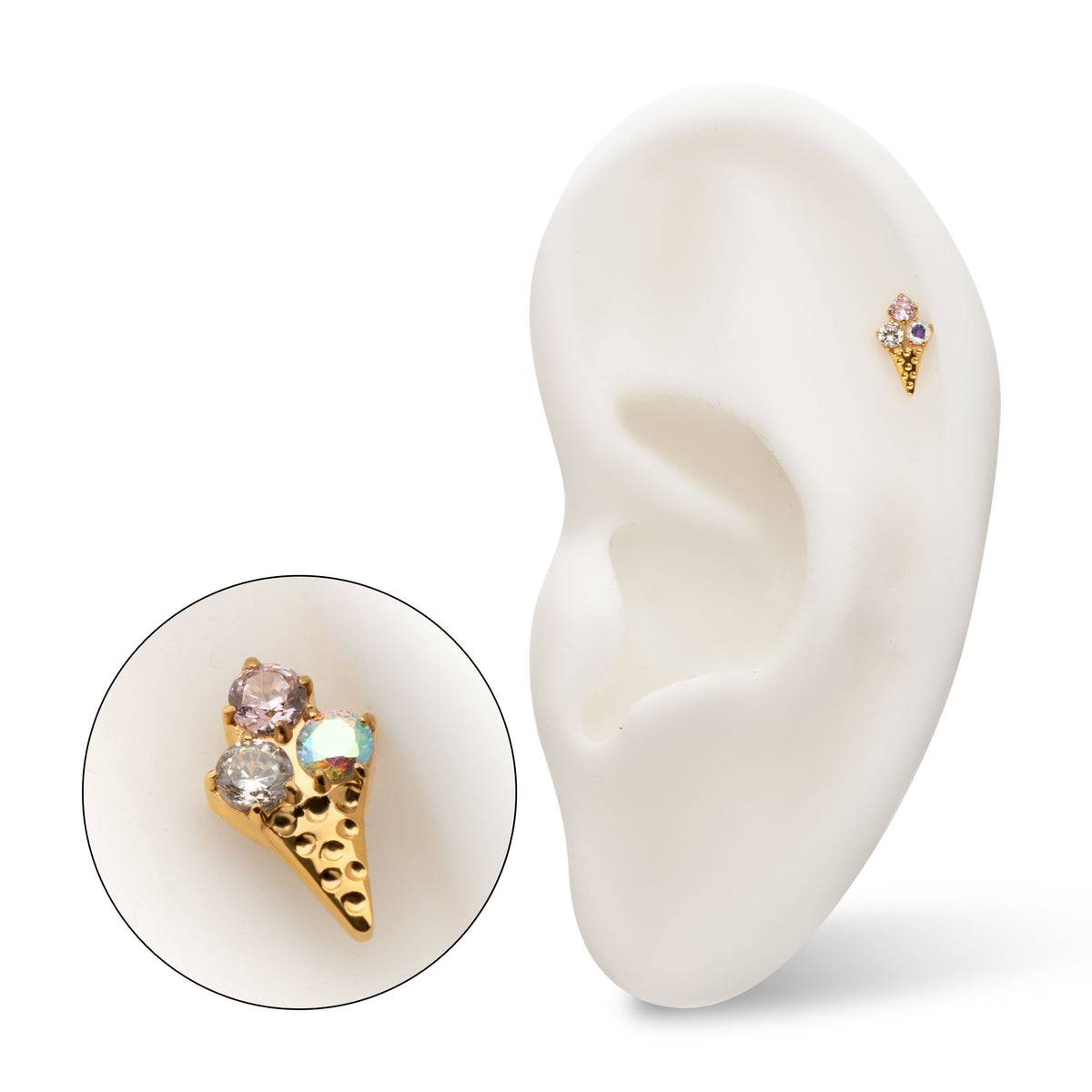 24kt Gold PVD Titanium Threadless Prong Set Multi-Gem Ice Cream with Cone Top