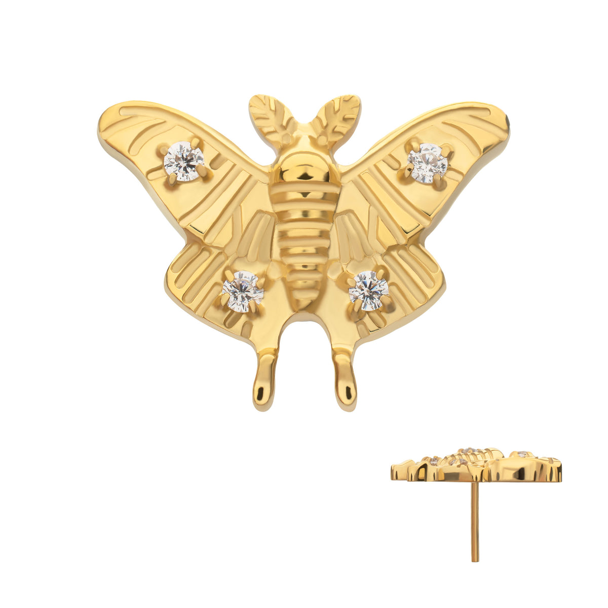 24kt Gold PVD Titanium Threadless Prong Set Gem Luna Moth Top