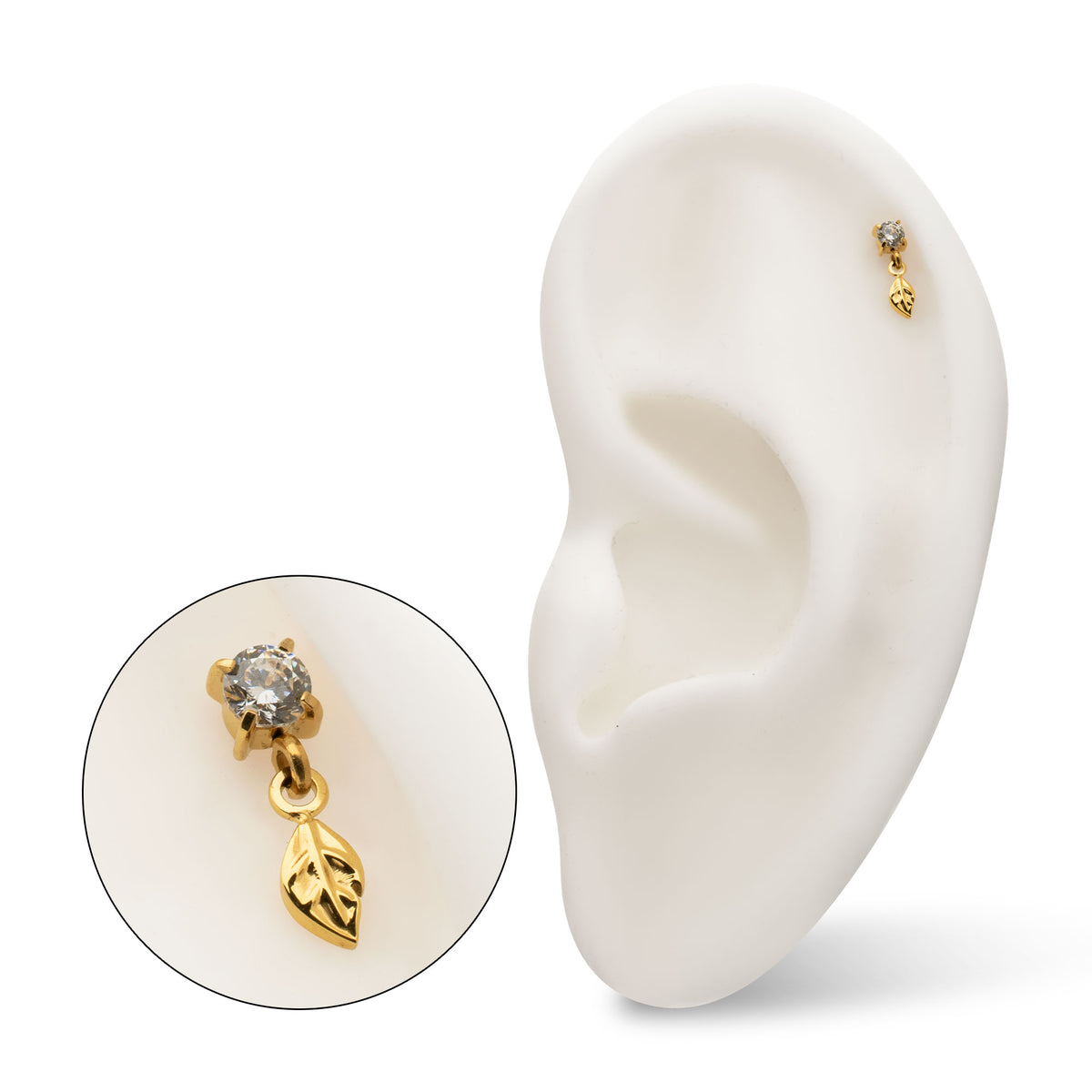 24kt Gold PVD Titanium Threadless 4-Prong Set Gem Top with Leaf Dangle