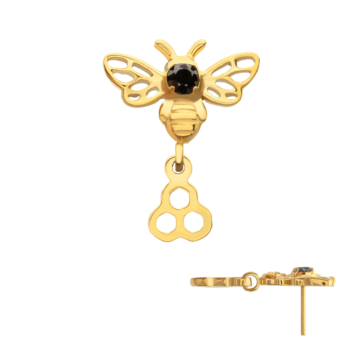 24kt Gold PVD Titanium Threadless Prong Set Black Gem Bee Top with Honeycomb Dangle