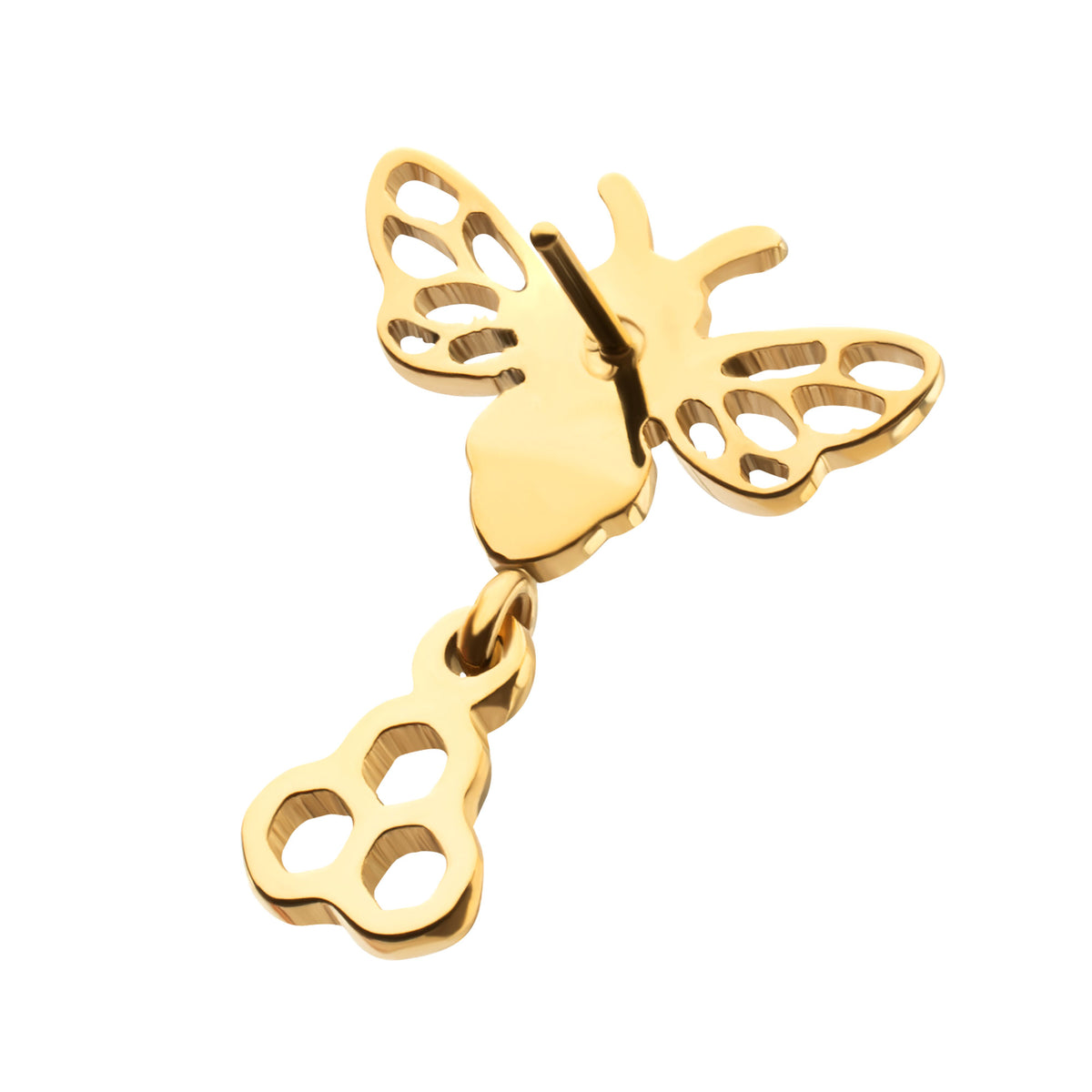 24kt Gold PVD Titanium Threadless Prong Set Black Gem Bee Top with Honeycomb Dangle