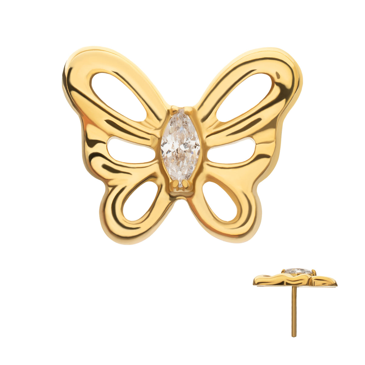 24kt Gold PVD Titanium Threadless Prong Set Marquise Gem Cut Out Flutter Butterfly Top