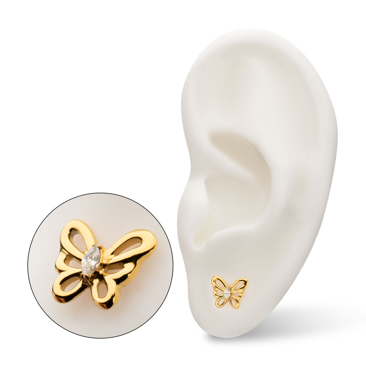 24kt Gold PVD Titanium Threadless Prong Set Marquise Gem Cut Out Flutter Butterfly Top