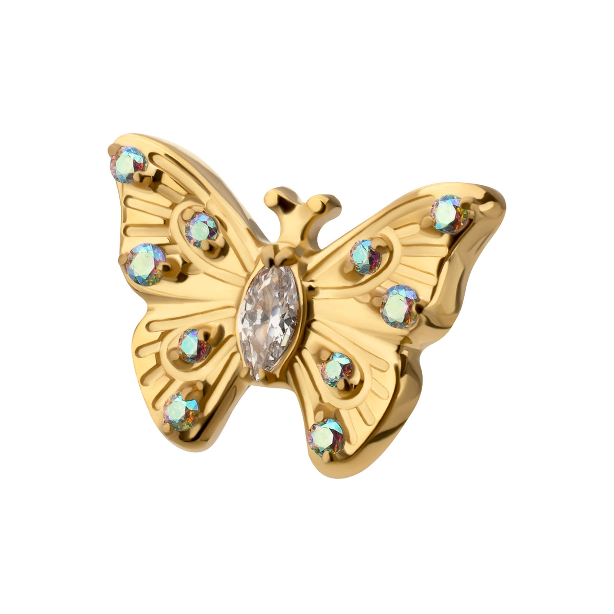 24kt Gold PVD Titanium Threadless Prong Set Gem Multi-Gem Butterfly Top