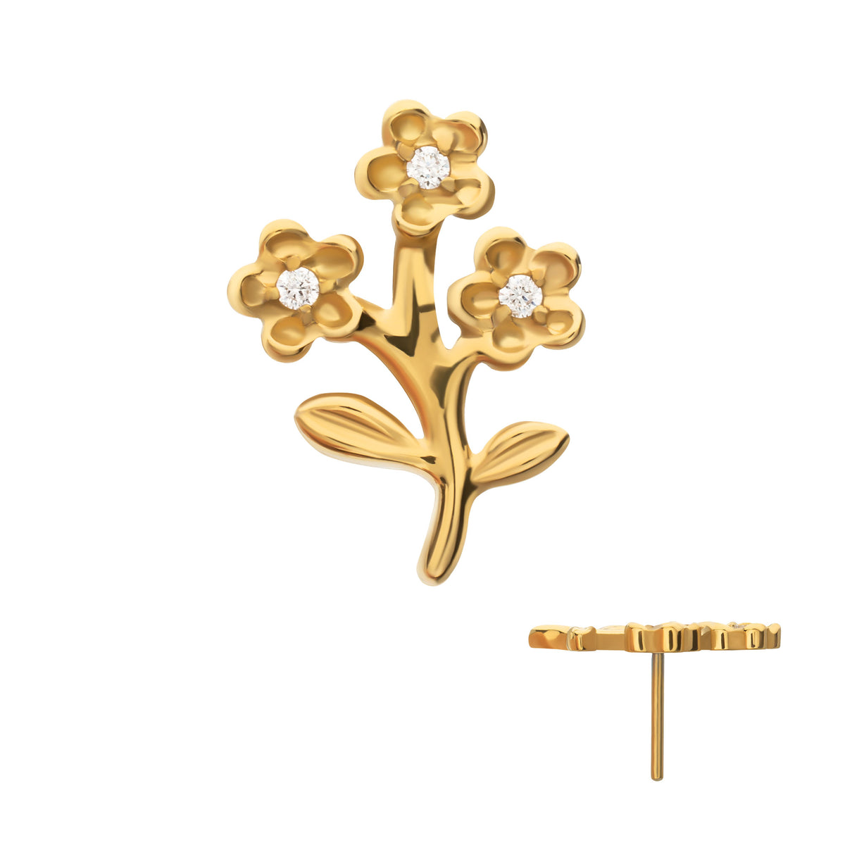 24kt Gold PVD Titanium Threadless Prong Set Gem Triple Flower & Stem Top