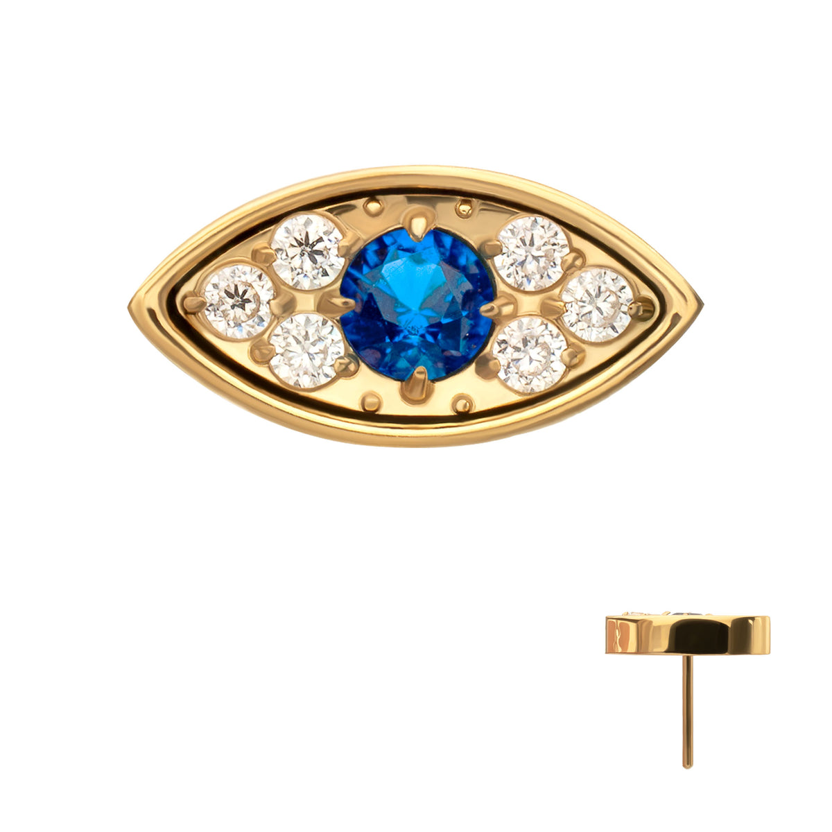 24kt Gold PVD Titanium Threadless Evil Eye Top with Blue & Clear CZ Gem