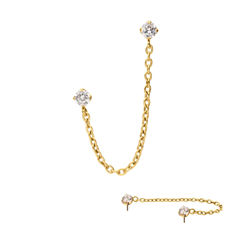 24Kt Gold PVD Titanium Threadless Double Prong Set Gem Top with Rolo Chain Dangle