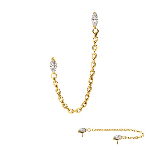 24Kt Gold PVD Titanium Threadless Double Prong Set Marquise Gem Top with Rolo Chain Dangle