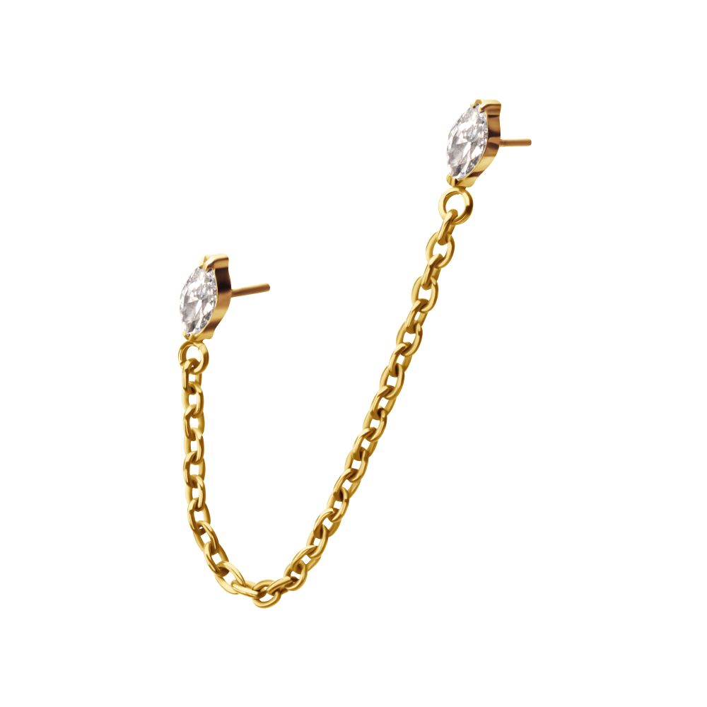 24Kt Gold PVD Titanium Threadless Double Prong Set Marquise Gem Top with Rolo Chain Dangle