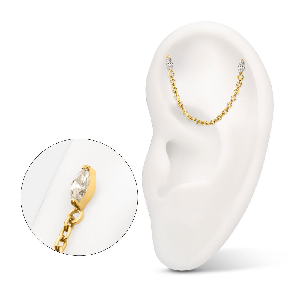 24Kt Gold PVD Titanium Threadless Double Prong Set Marquise Gem Top with Rolo Chain Dangle