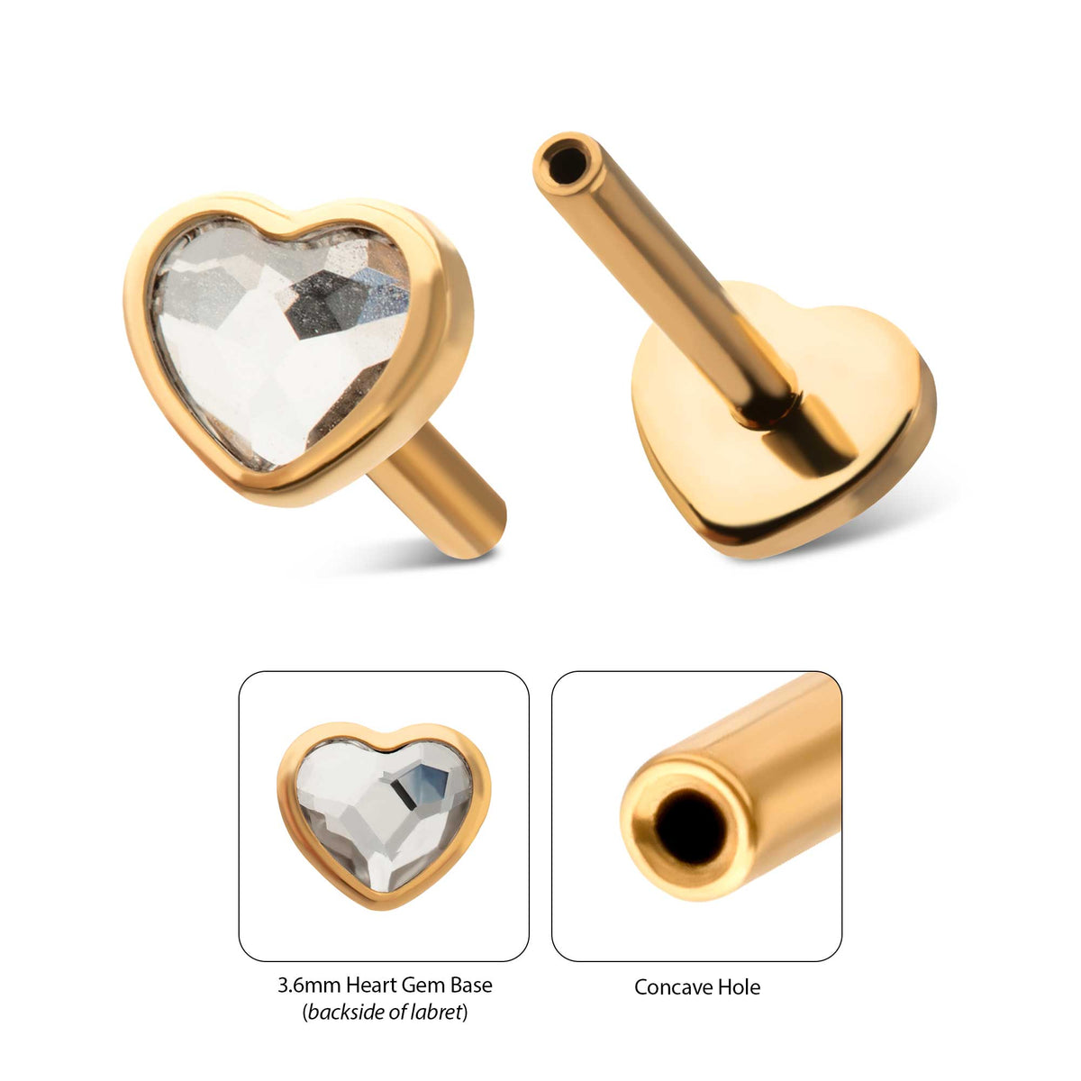24Kt Gold PVD Titanium Threadless 4mm Bezel Heart Gem Back Duality Labret (Base Only)