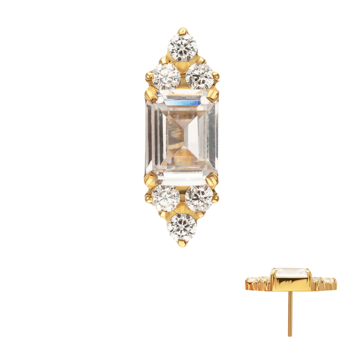 24kt Gold PVD Titanium Threadless Hexagon Top with Prong Set Round & Baguette Gem