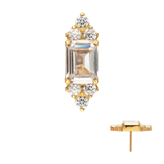 24kt Gold PVD Titanium Threadless Hexagon Top with Prong Set Round & Baguette Gem
