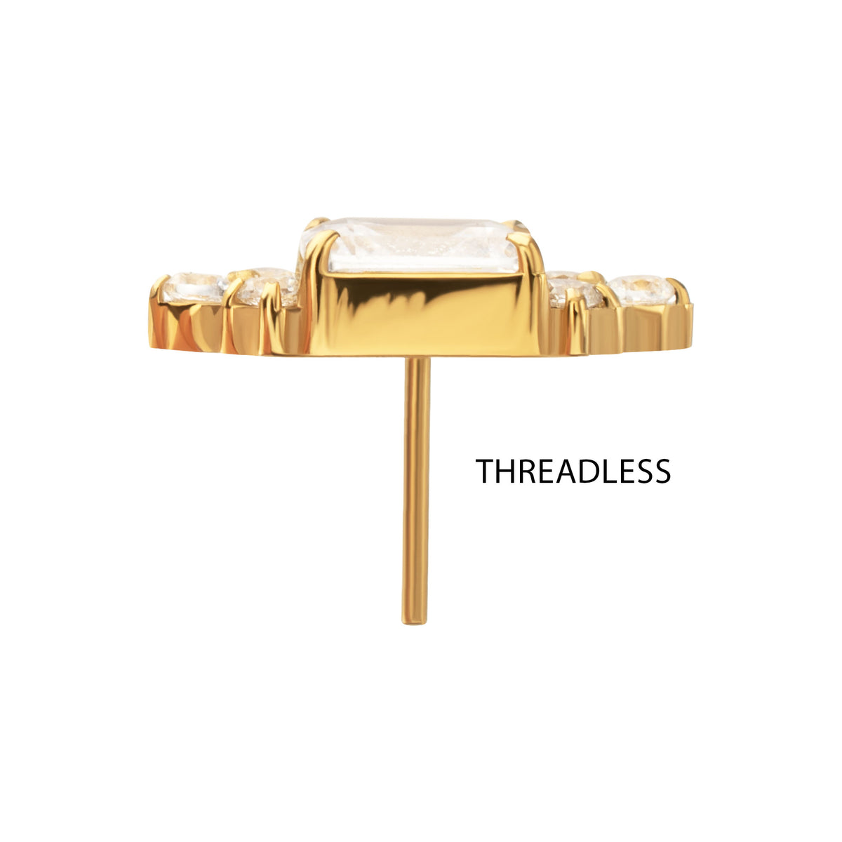 24kt Gold PVD Titanium Threadless Hexagon Top with Prong Set Round & Baguette Gem