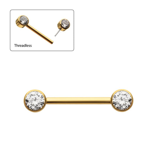 24Kt Gold PVD Titanium Threadless Bezel Set Gem End Nipple Barbell (One Side Fixed, One Side Threadless ) | Sold by piece