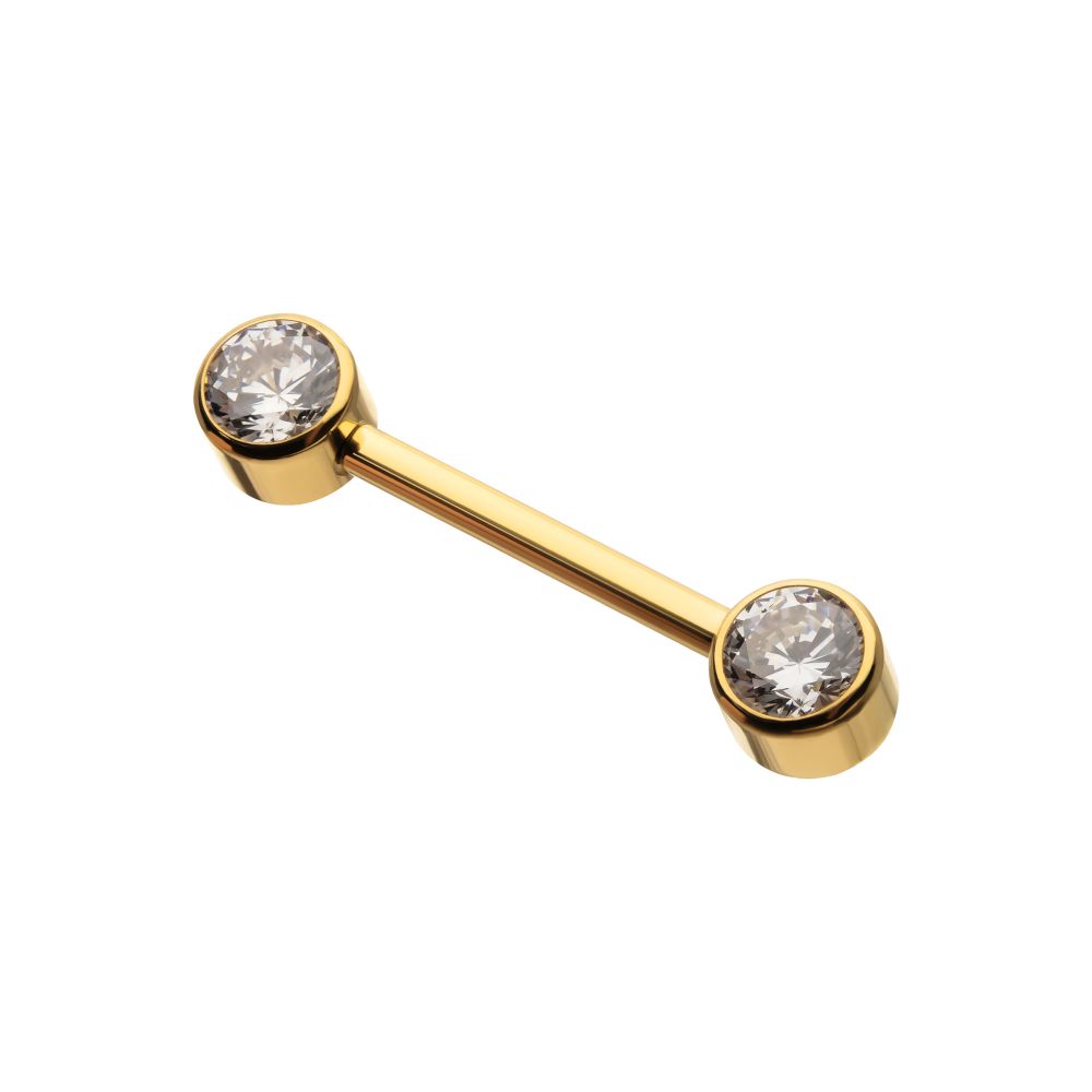 24Kt Gold PVD Titanium Threadless Bezel Set Gem End Nipple Barbell (One Side Fixed, One Side Threadless ) | Sold by piece