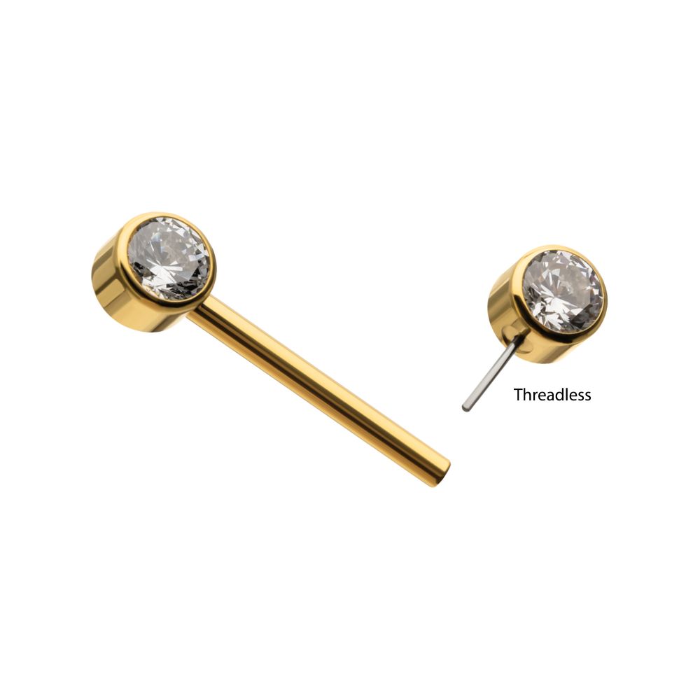 24Kt Gold PVD Titanium Threadless Bezel Set Gem End Nipple Barbell (One Side Fixed, One Side Threadless ) | Sold by piece