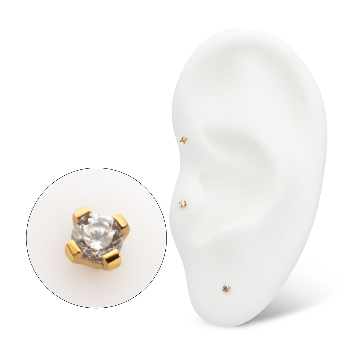 24Kt Gold PVD Titanium Threadless Flat Base Low Profile 4 Prong Round Gem Top