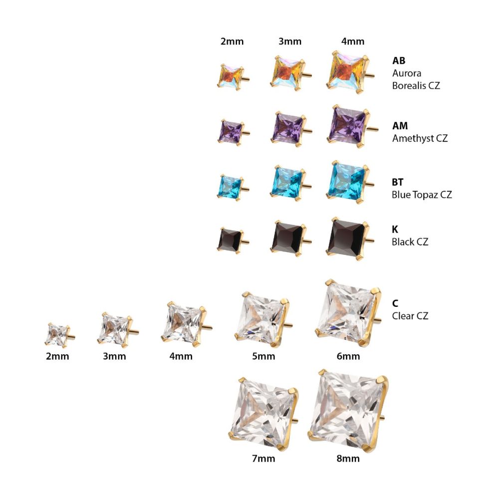 24Kt Gold PVD Titanium Threadless 4 Prong Princess Cut Gem Top