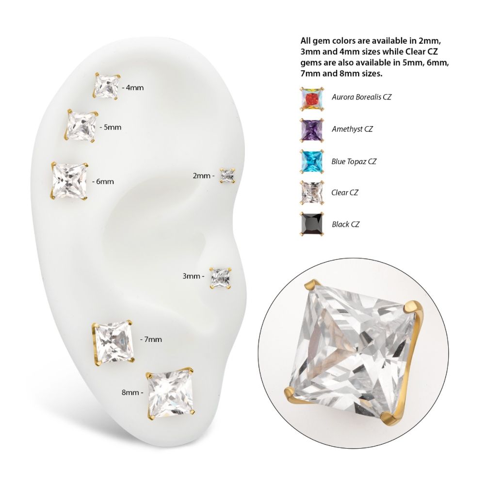 24Kt Gold PVD Titanium Threadless 4 Prong Princess Cut Gem Top