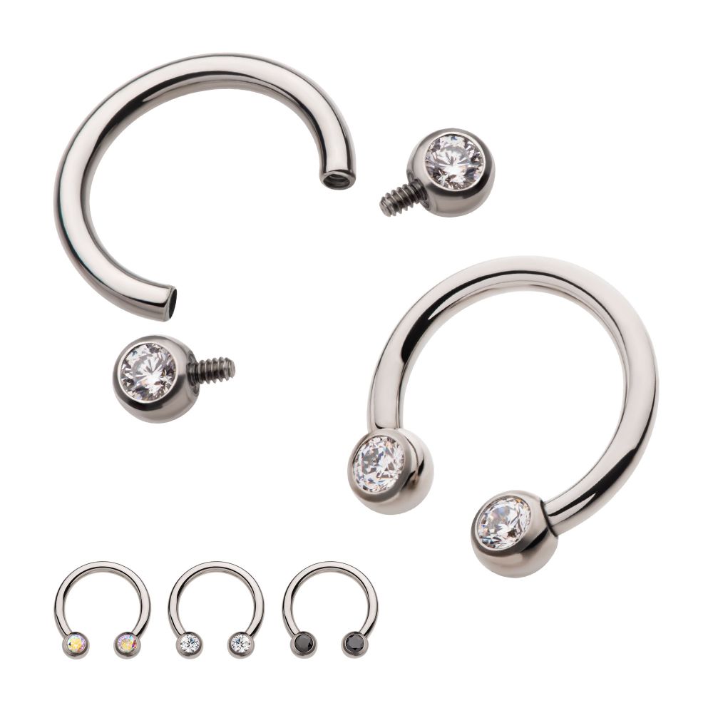 Titanium Internally Threaded Forward Facing Bezel Set Round Gem Circular Barbell