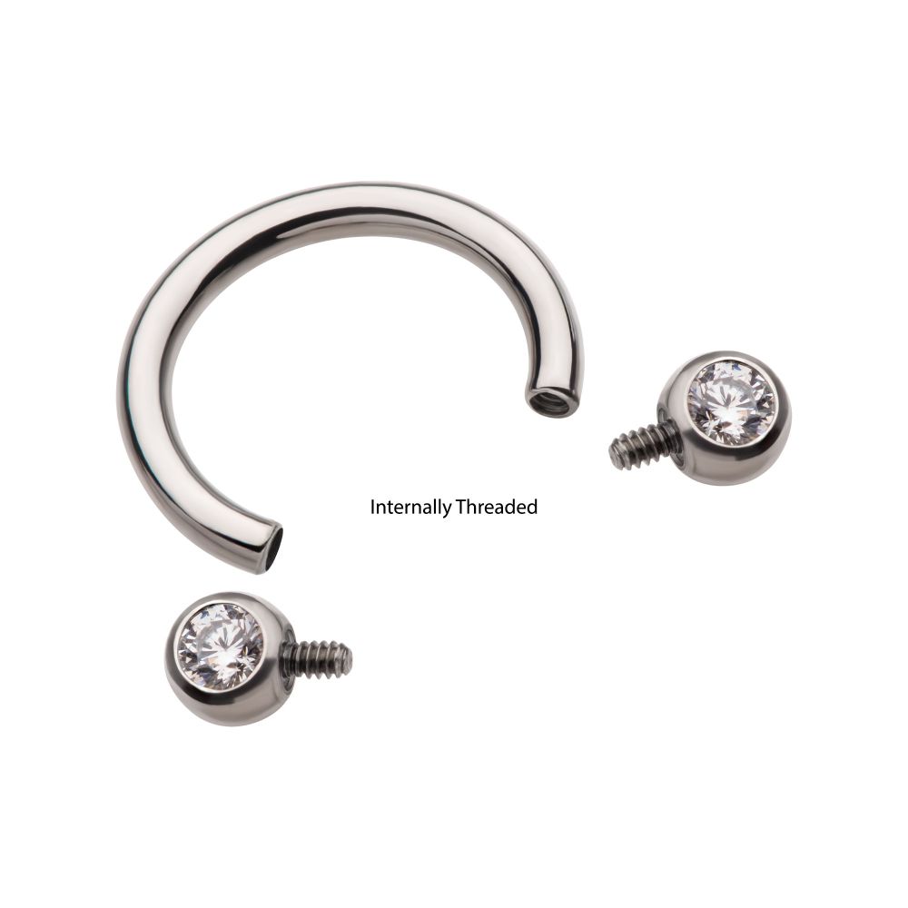 Titanium Internally Threaded Forward Facing Bezel Set Round Gem Circular Barbell