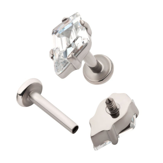 Titanium Internally Threaded Flat Base Labret with Prong Set Kite Shape CZ Top