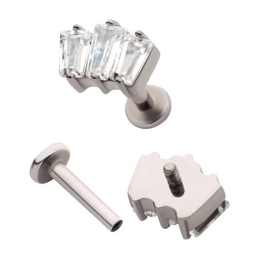 Titanium Internally Threaded Flat Base Labret with Prong Set Baguette CZ 3-Cluster Top