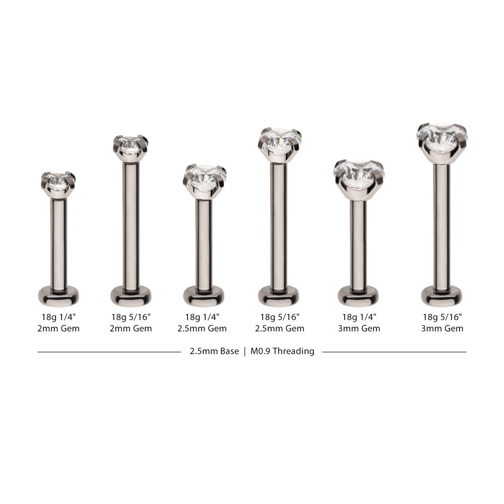 Titanium Internally Threaded Labret with Prong Set CZ Top & 2.5mm Base