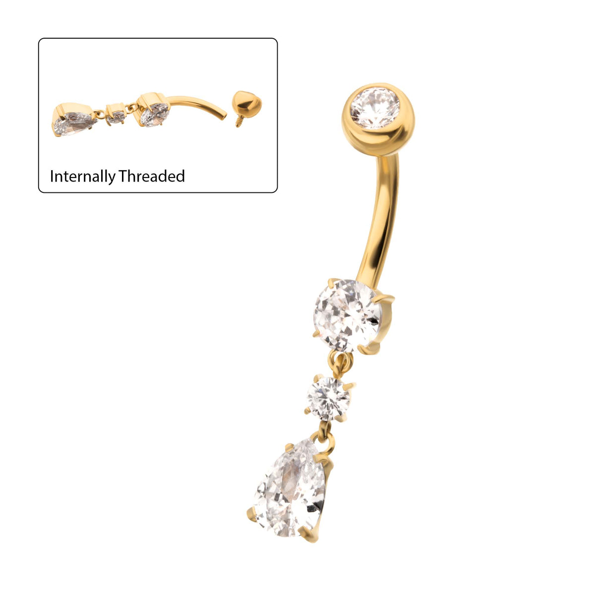 24Kt Gold PVD Titanium Internally Threaded Double Round Prong Set Gem with Teardrop Dangle Navel