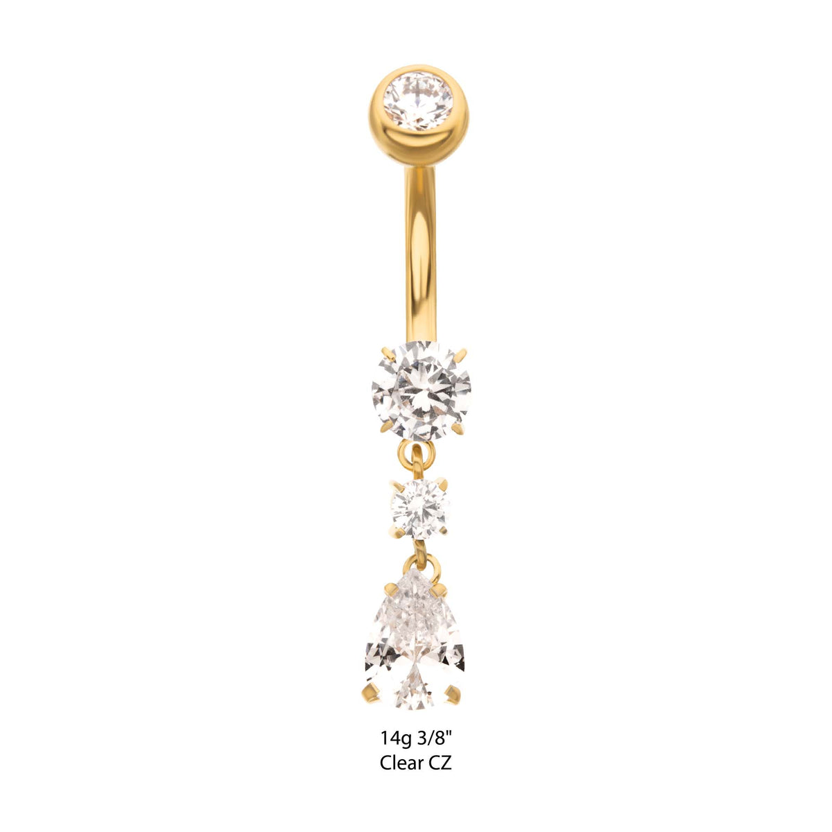 24Kt Gold PVD Titanium Internally Threaded Double Round Prong Set Gem with Teardrop Dangle Navel