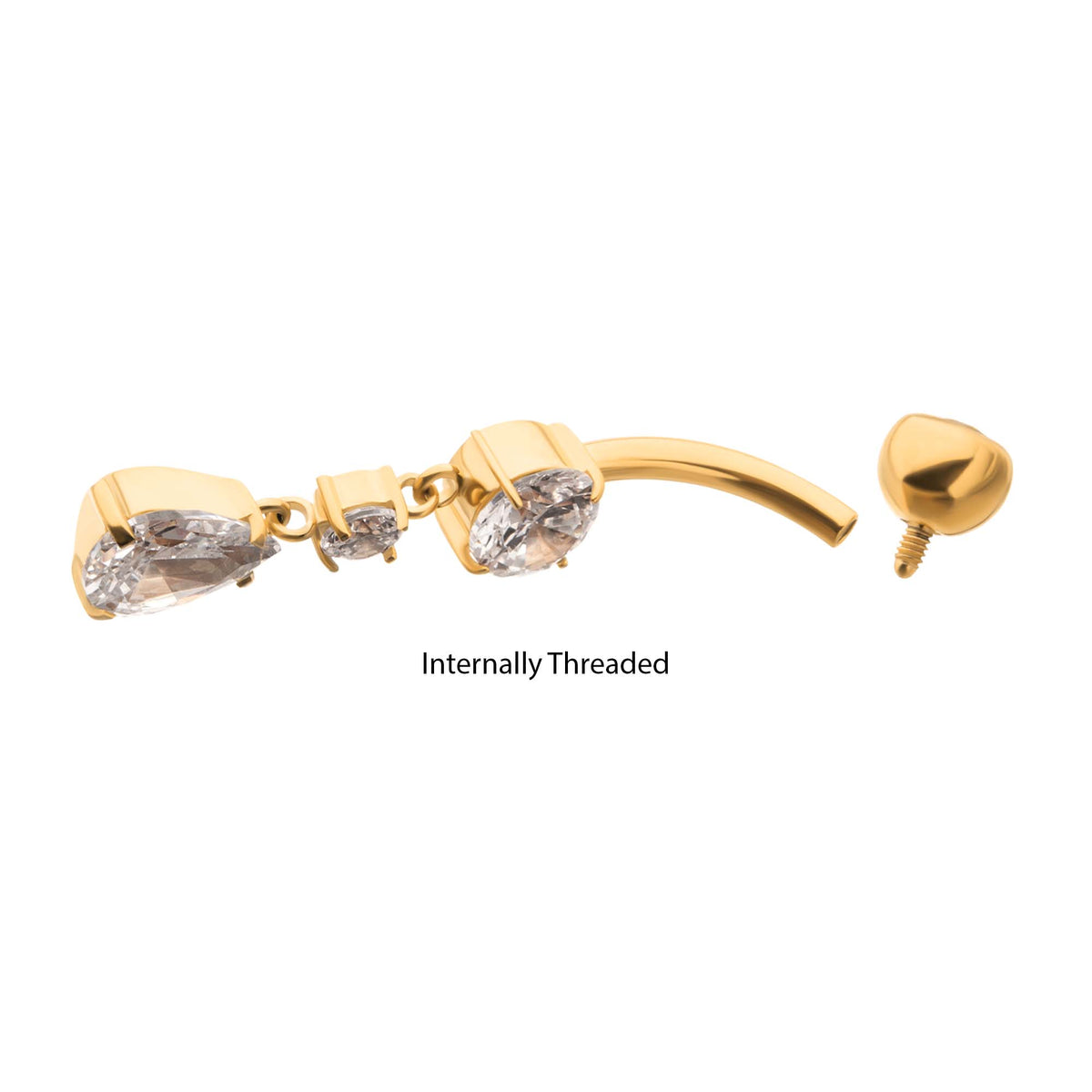 24Kt Gold PVD Titanium Internally Threaded Double Round Prong Set Gem with Teardrop Dangle Navel