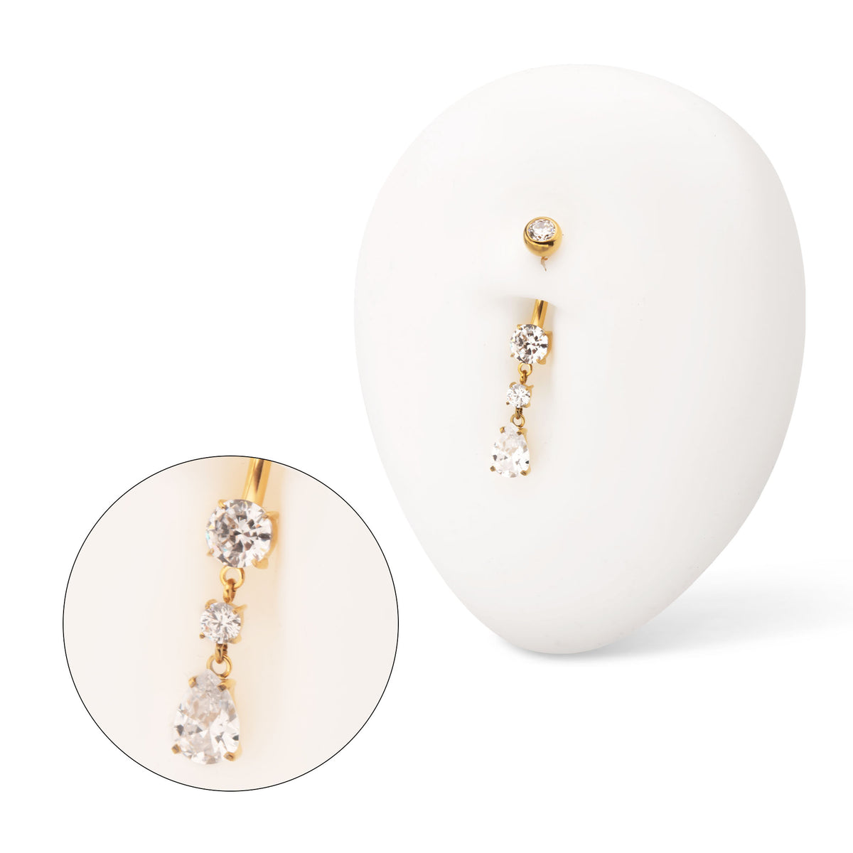 24Kt Gold PVD Titanium Internally Threaded Double Round Prong Set Gem with Teardrop Dangle Navel